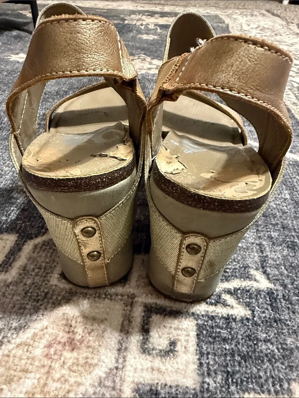 OTBT Metallic Gold and Olive Wedge Sandals